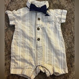 Little Lad Cream Striped Baby Romper with Blue Bow Tie 0-3 Months